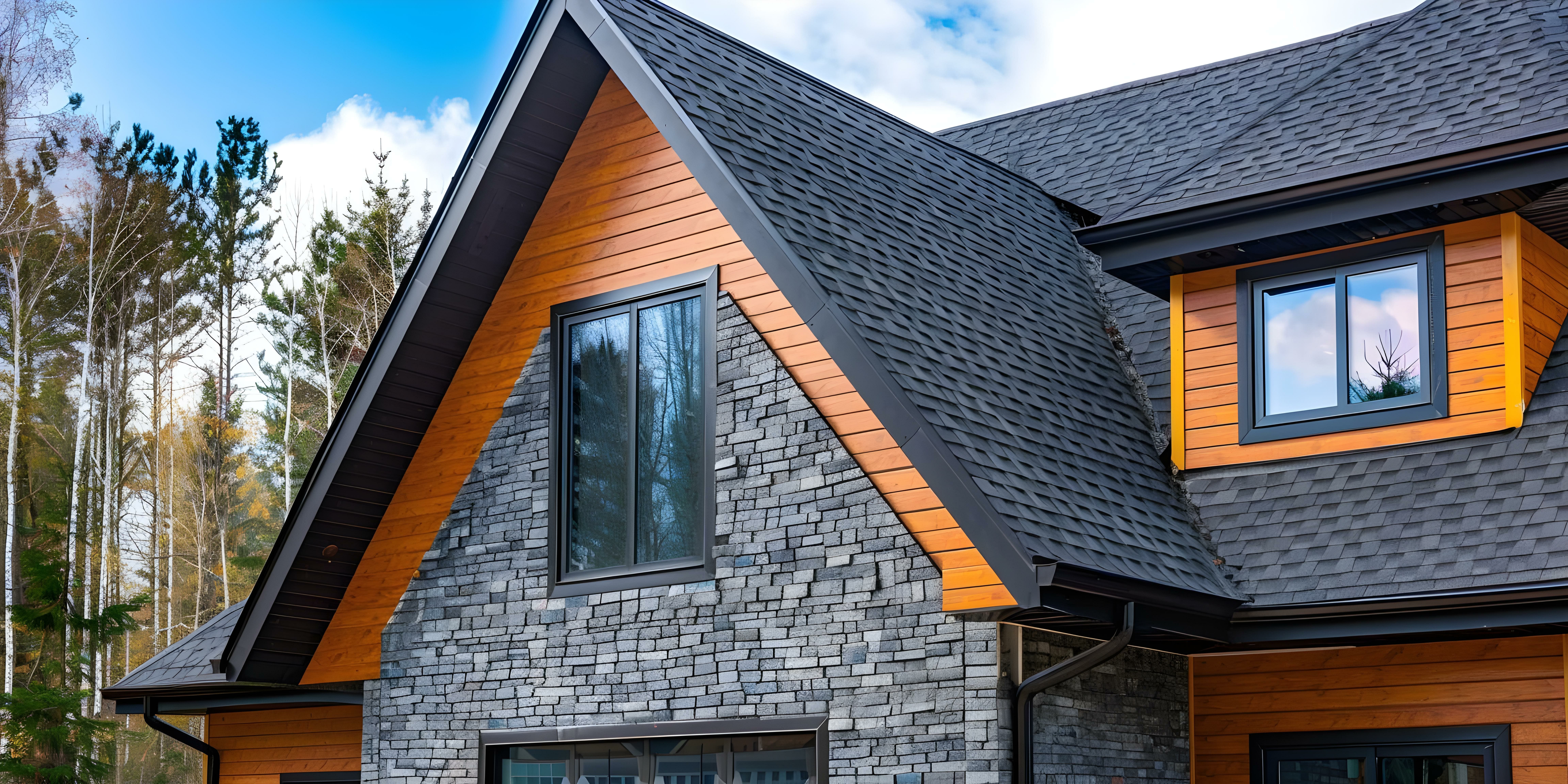New House Roof: Close-up of Shingles and Gutters Installed. Concept Home Improvement, Exterior Renovation, Roofing Materials, Rain Gutter System, Close-Up Photography