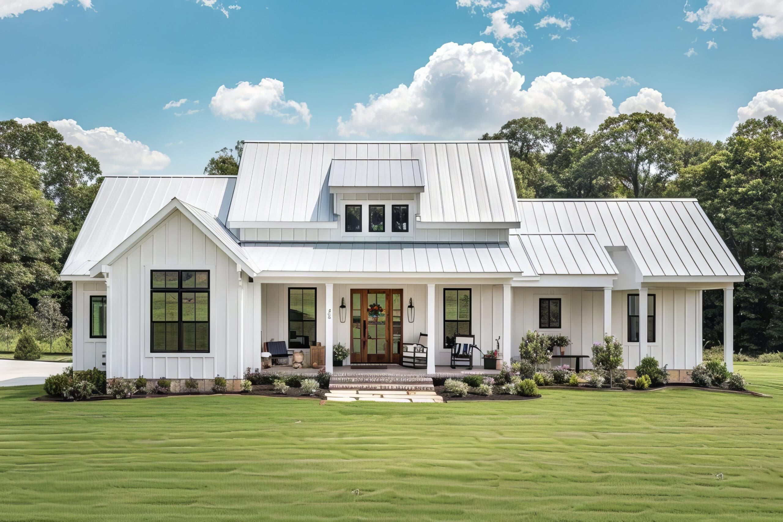 charming modern farmhouse with board and batten siding metal roof and covered front porch aigenerated exterior illustration
